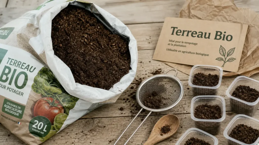 Terreau potager bio fin pour semis et plantation, vue texture.