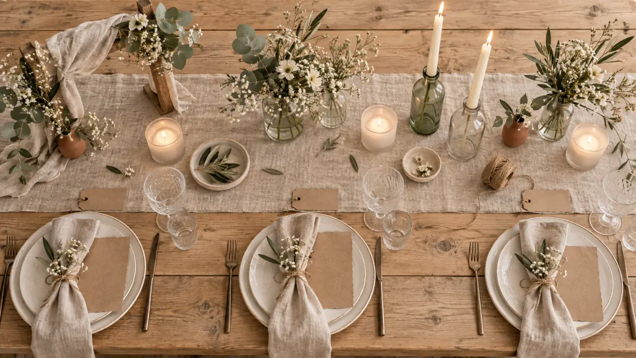Deco champetre mariage : table en bois clair, lin beige, photophores verre et bocaux
