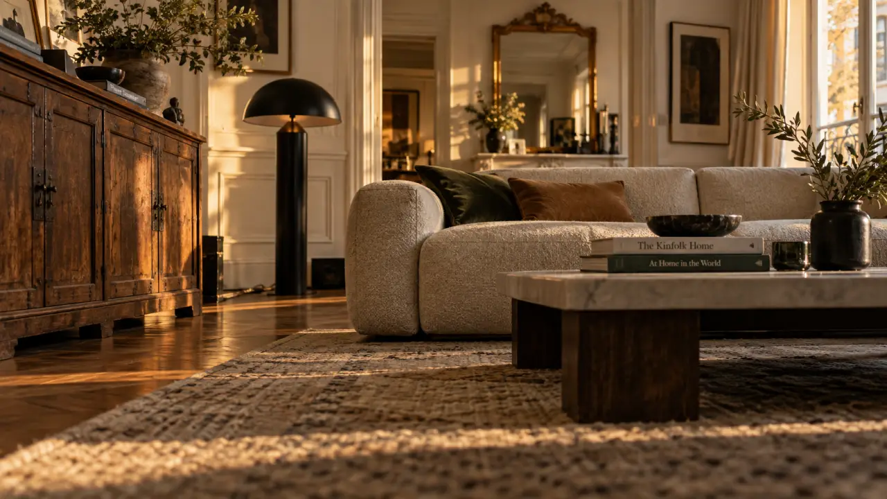 Déco salon mélange ancien et moderne : canapé beige, buffet patiné, équilibre sans bric-à-brac