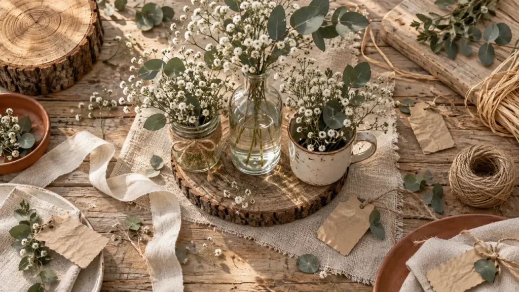 Decoration champetre fait maison : trois vases avec gypsophile sur table de reception