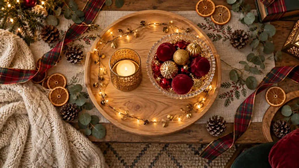 Decoration noel interieur : table de Noël avec guirlande, boules et photophore