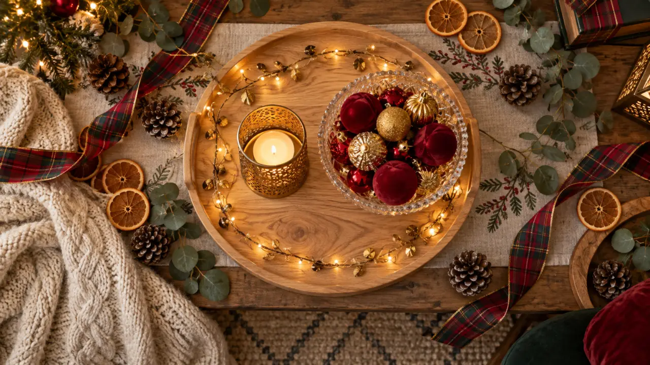 Decoration noel interieur : table de Noël avec guirlande, boules et photophore