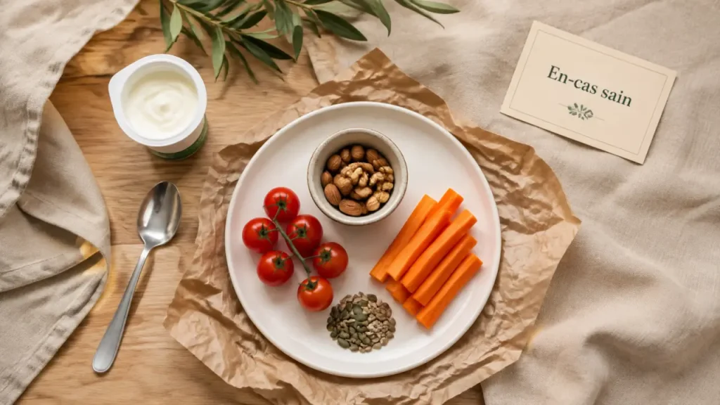 Encas sain : fibres, protéines et portions maîtrisées (yaourt, noix, carottes, graines)