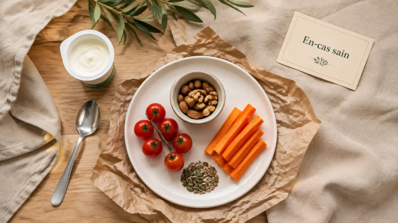 Encas sain : fibres, protéines et portions maîtrisées (yaourt, noix, carottes, graines)