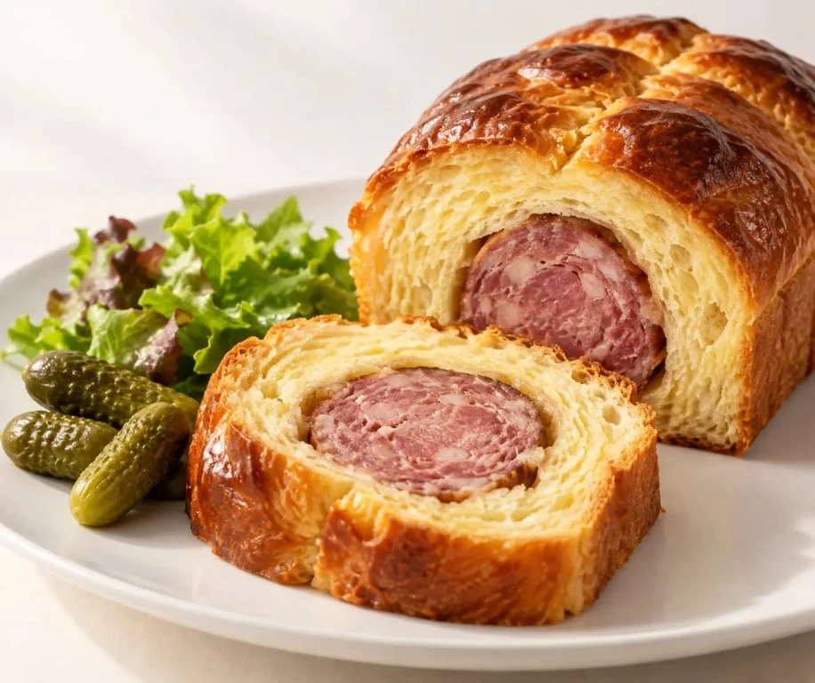 Recette brioche au saucisson tranchée avec sa mie dorée et son saucisson à cuire