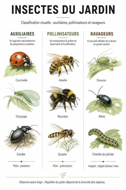 Infographie sur les insectes du jardin : auxiliaires, pollinisateurs et ravageurs