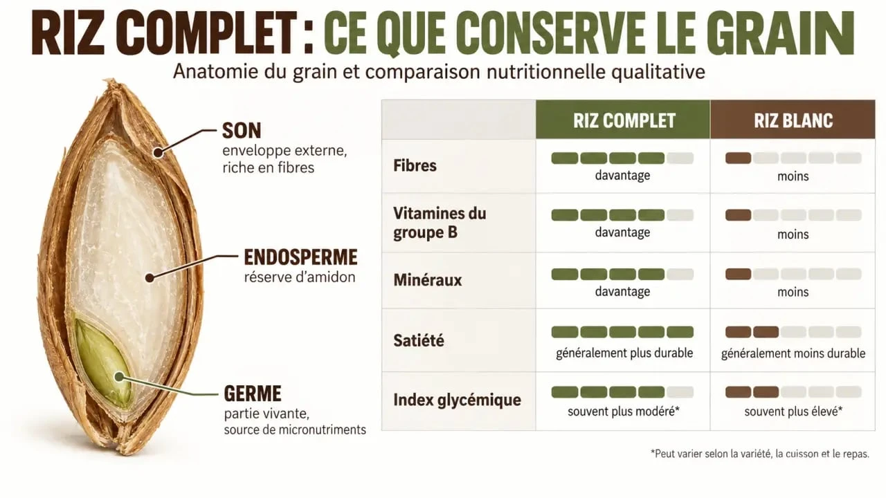 Infographie sur les bienfaits du riz complet et la composition du grain comparée au riz blanc