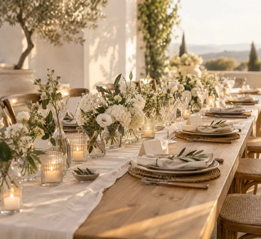 Table décorée pour un mariage champêtre avec lin, photophores et fleurs de saison