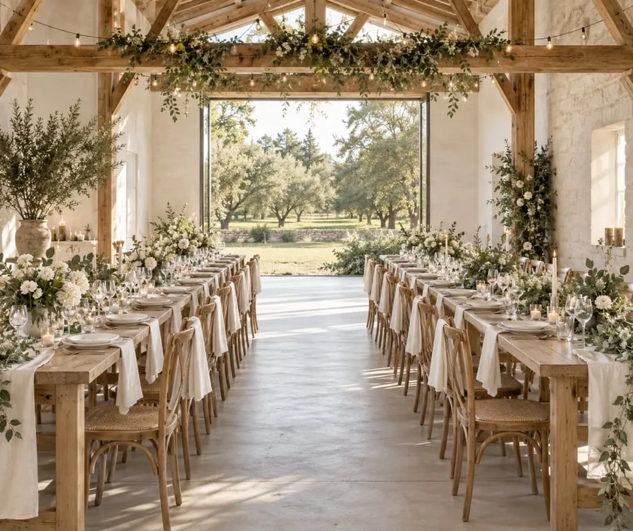 Décoration de mariage champêtre dans une grange avec tables en bois et fleurs de saison