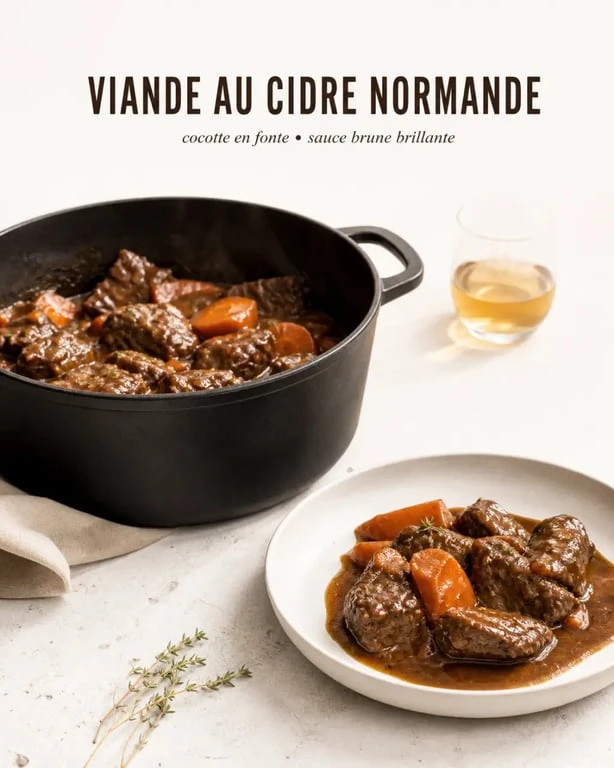 Viande au cidre normandie servie en cocotte, sauce nappante et carottes fondantes