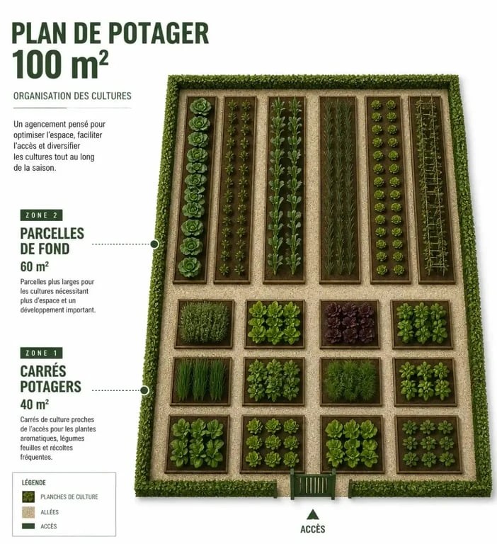 Plan potager 100m2 organisé en planches de culture et allées
