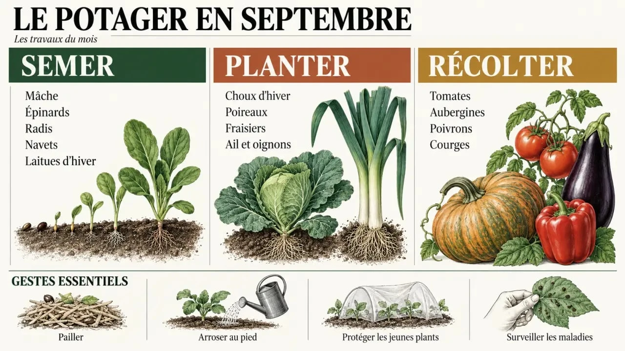 Infographie des semis, plantations, récoltes et travaux du potager en septembre