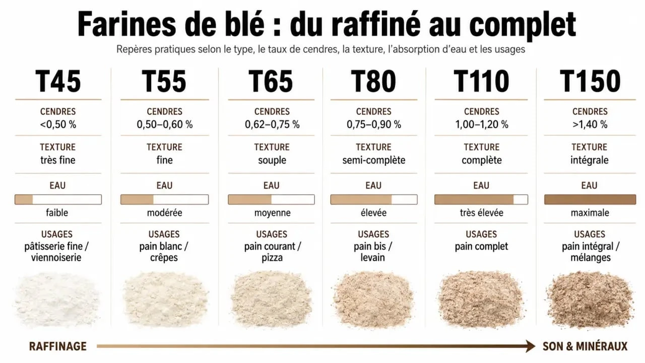 Farine t65 utilisation : comparatif visuel des farines T45 à T150 et de leurs usages