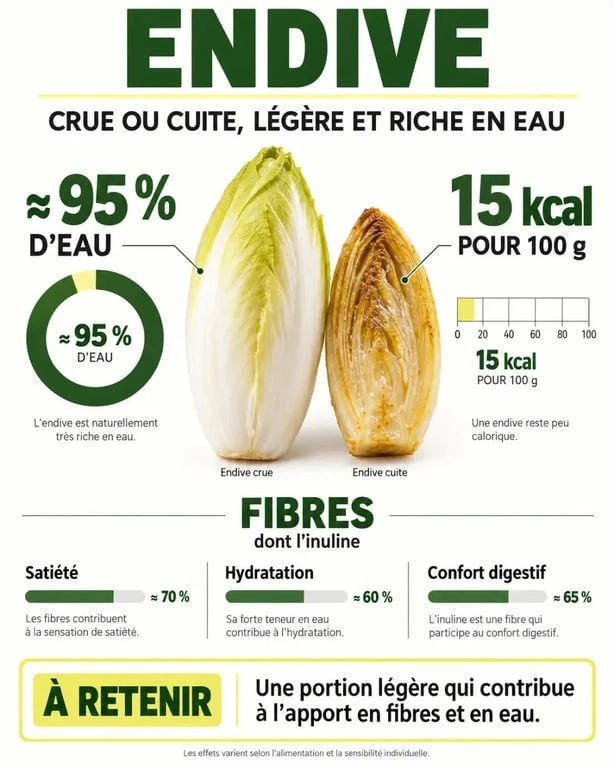 Infographie sur les bienfaits endives : eau, fibres, inuline et faible apport calorique