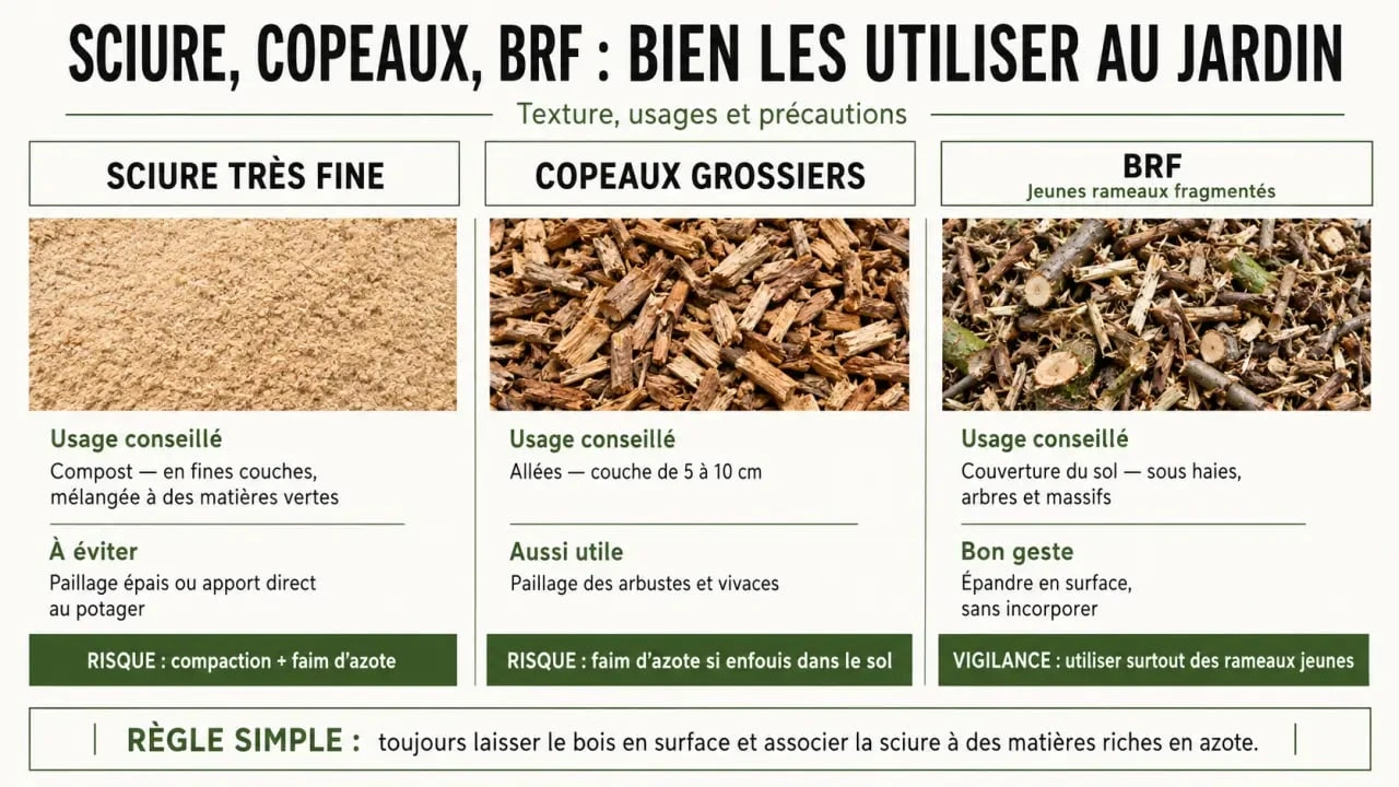 Infographie de jardinage sciure de bois comparant sciure, copeaux et BRF