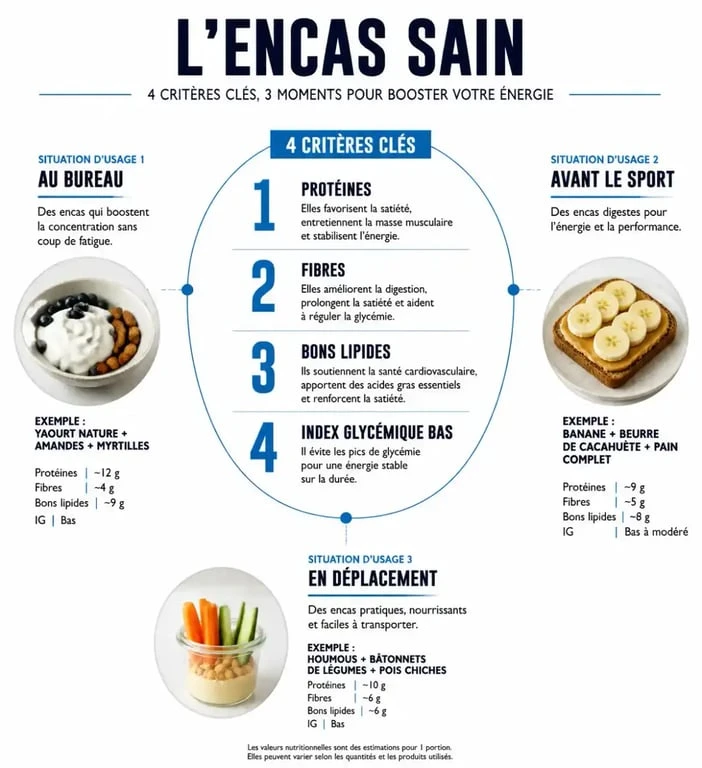 Encas sain en visuel éditorial sur les protéines, les fibres, les bons lipides et les portions adaptées