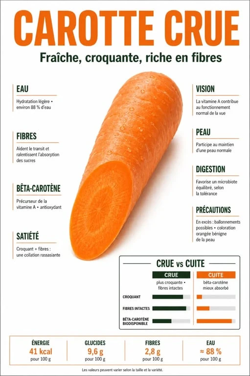 Bienfaits de manger des carottes crues expliqués en infographie éditoriale
