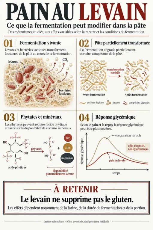 Infographie scientifique sur les bienfaits du pain au levain, la digestion, les minéraux et l’index glycémique
