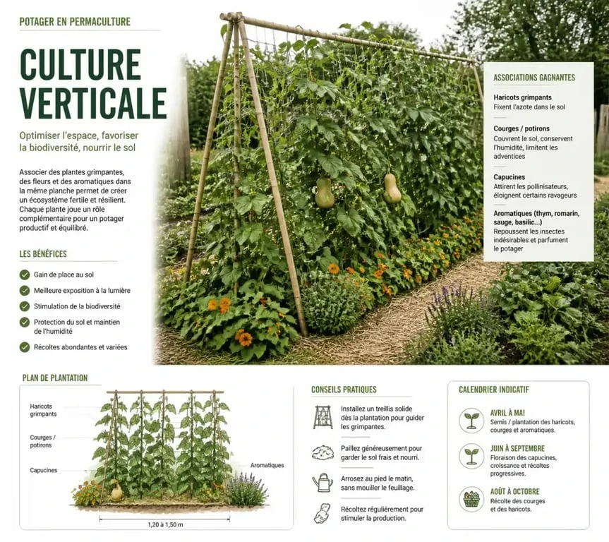 Culture verticale et associations de légumes dans un potager permaculture de 50m2