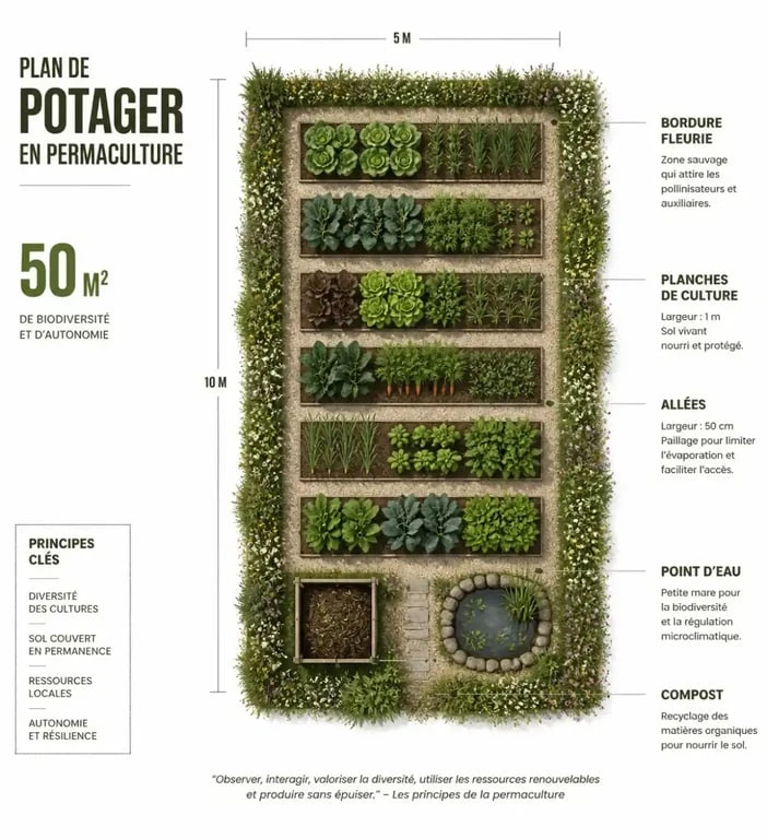 Plan potager permaculture 50m2 organisé en planches et zones de culture