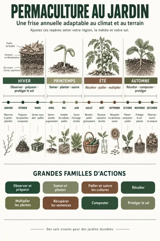 Frise de la permaculture au jardin mois par mois avec les travaux saisonniers