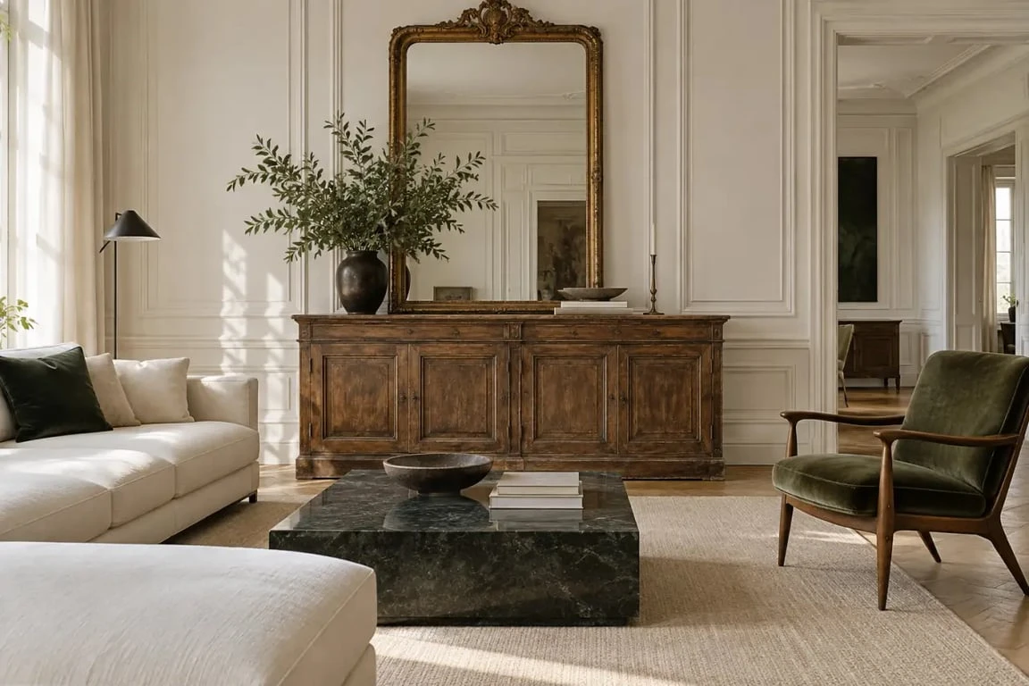 Déco de salon mélange ancien et moderne avec buffet patiné et canapé contemporain