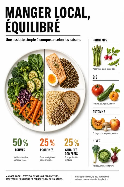 Cuisiner des produits locaux pour une alimentation saine et équilibrée : assiette 50/25/25 avec légumes, protéines et glucides complets