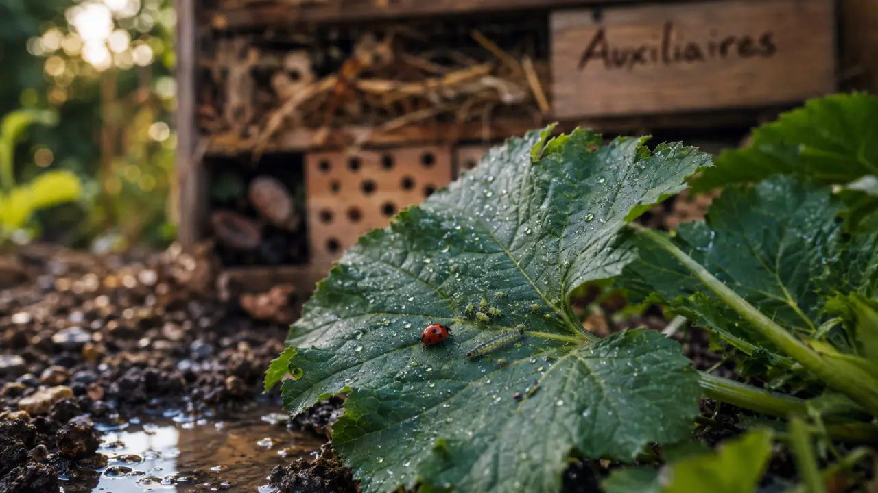 Jardin insectes : coccinelle et larve de chrysope sur courgette, pucerons