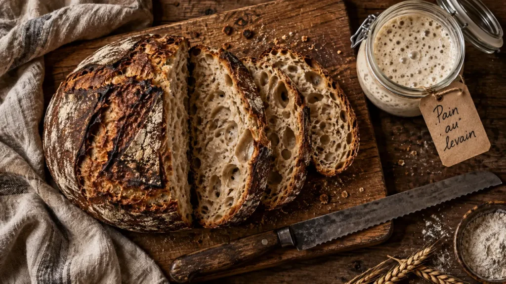 Pain au levain bienfaits : miche sur planche, levain bullant