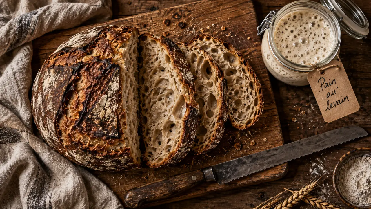 Pain au levain bienfaits : miche sur planche, levain bullant