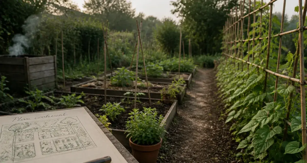 Plan potager permaculture 50m2 : buttes, eau et zonage