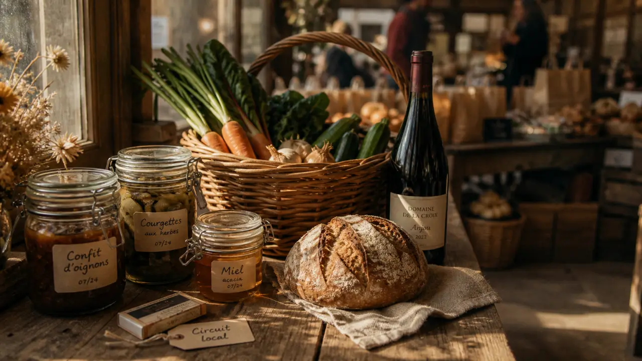 Producteurs locaux Gers : bocaux, légumes et vin au marché