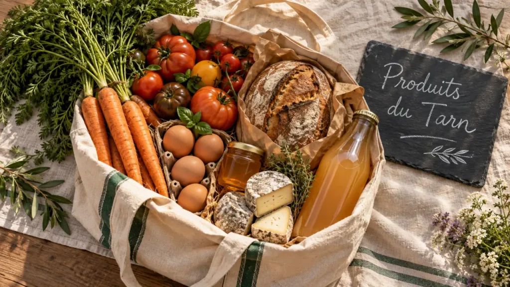 Produits locaux tarn : panier de saison sur table en bois