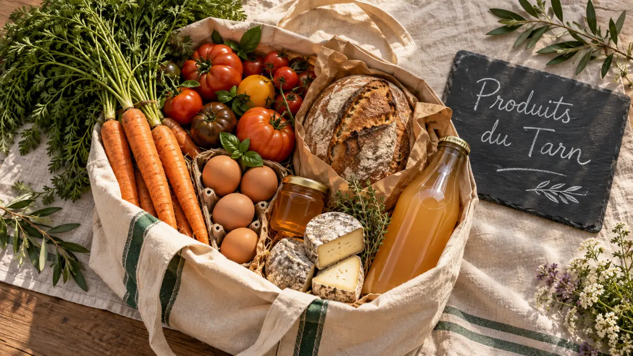 Produits locaux tarn : panier de saison sur table en bois