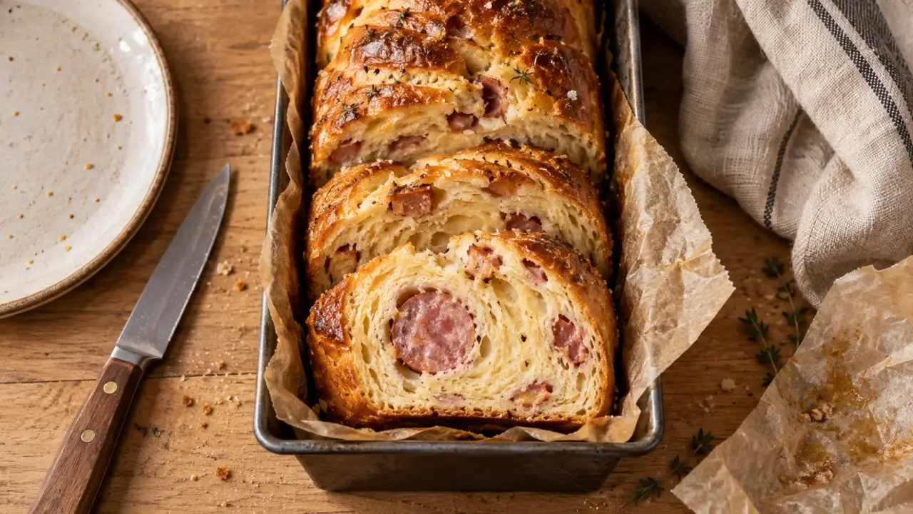Recette brioche au saucisson : brioche dorée et mie moelleuse, tranchée avec saucisson.