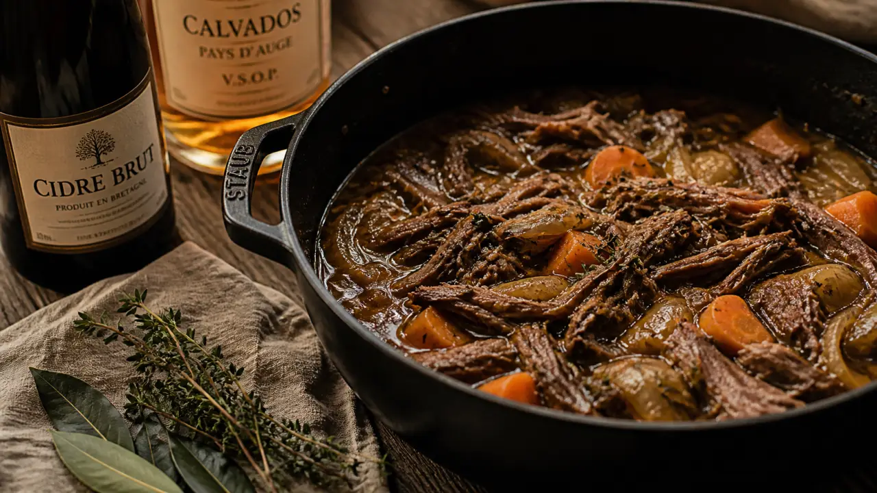 Viande au cidre normandie en cocotte, sauce luisante et cidre brut
