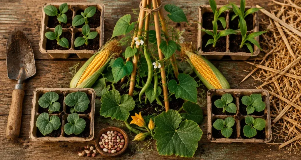 Association haricot potager : maïs et courge au potager