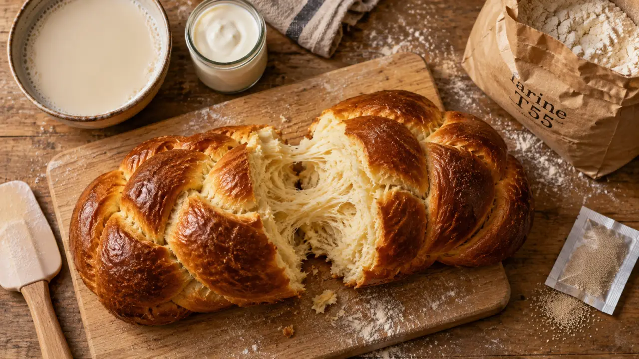 Brioche vegan tressée, mie filante sans œufs ni beurre