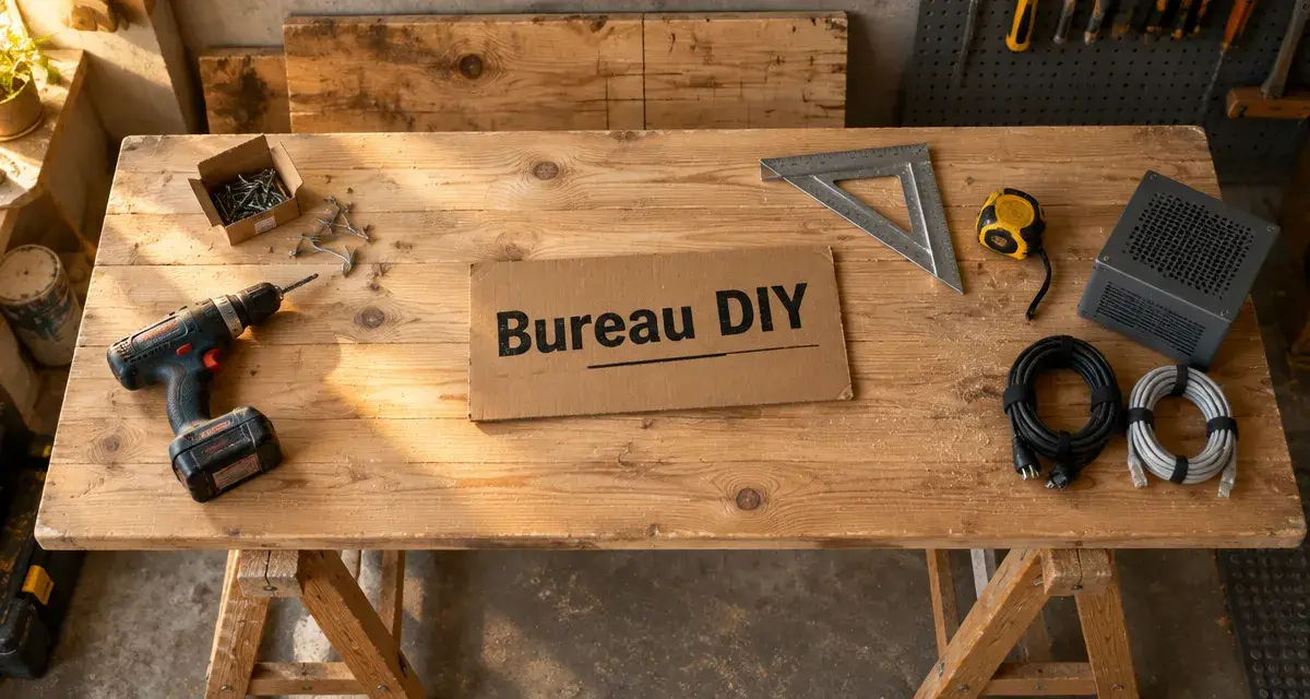 Bureau diy en bois, vue d’en haut, outils et matériel d’atelier