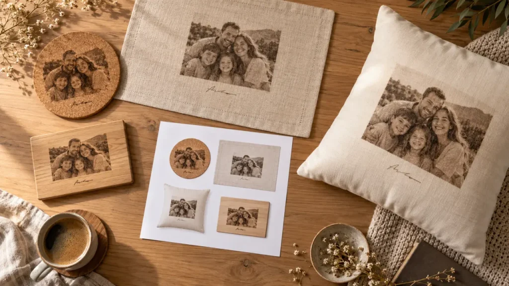 Decoration personnalisé : souvenirs de famille, déco beige et plaque gravée