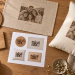 Decoration personnalisé : souvenirs de famille, déco beige et plaque gravée