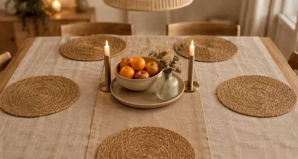 Décoration table salle à manger : composition sans encombrer, nappe lin beige et bougies LED