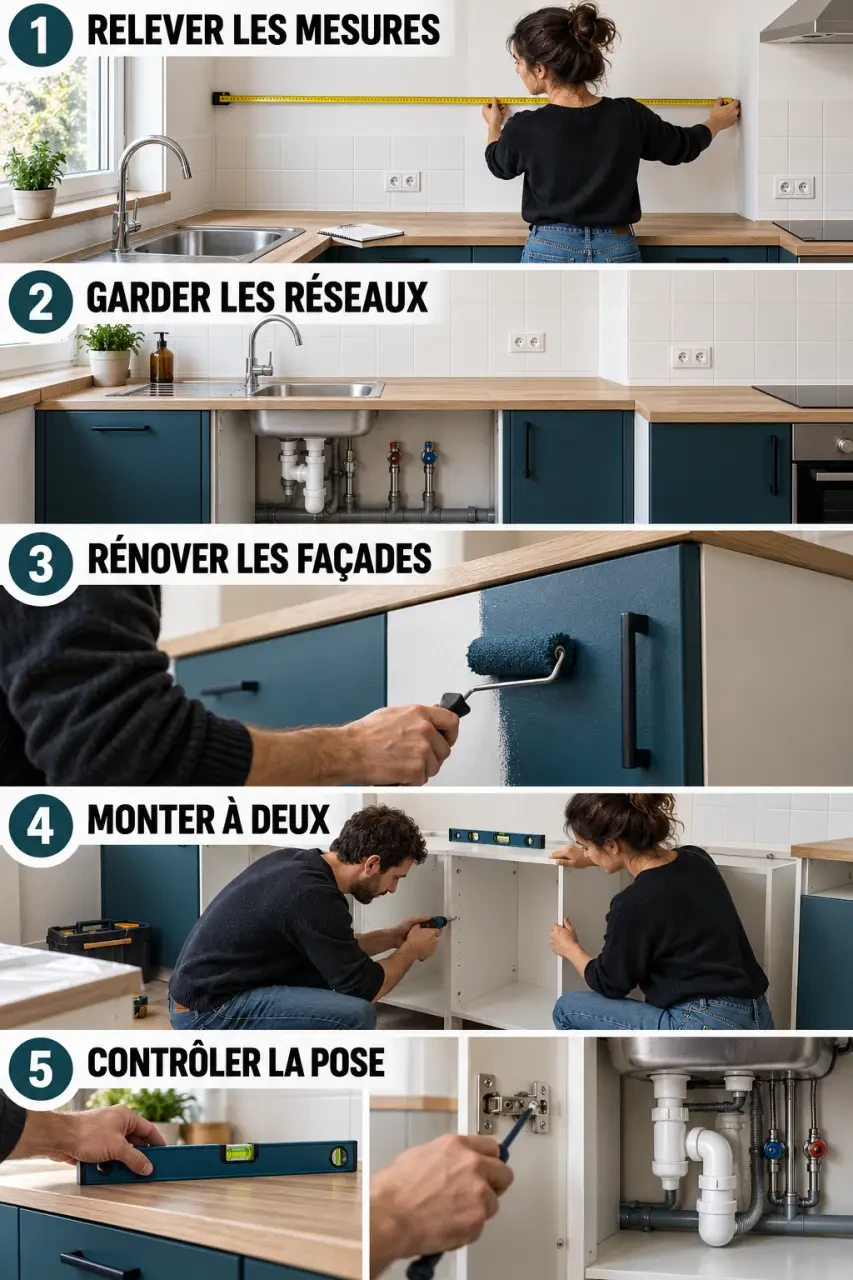 Étapes illustrées pour faire une cuisine pas cher en rénovant et posant des meubles standards