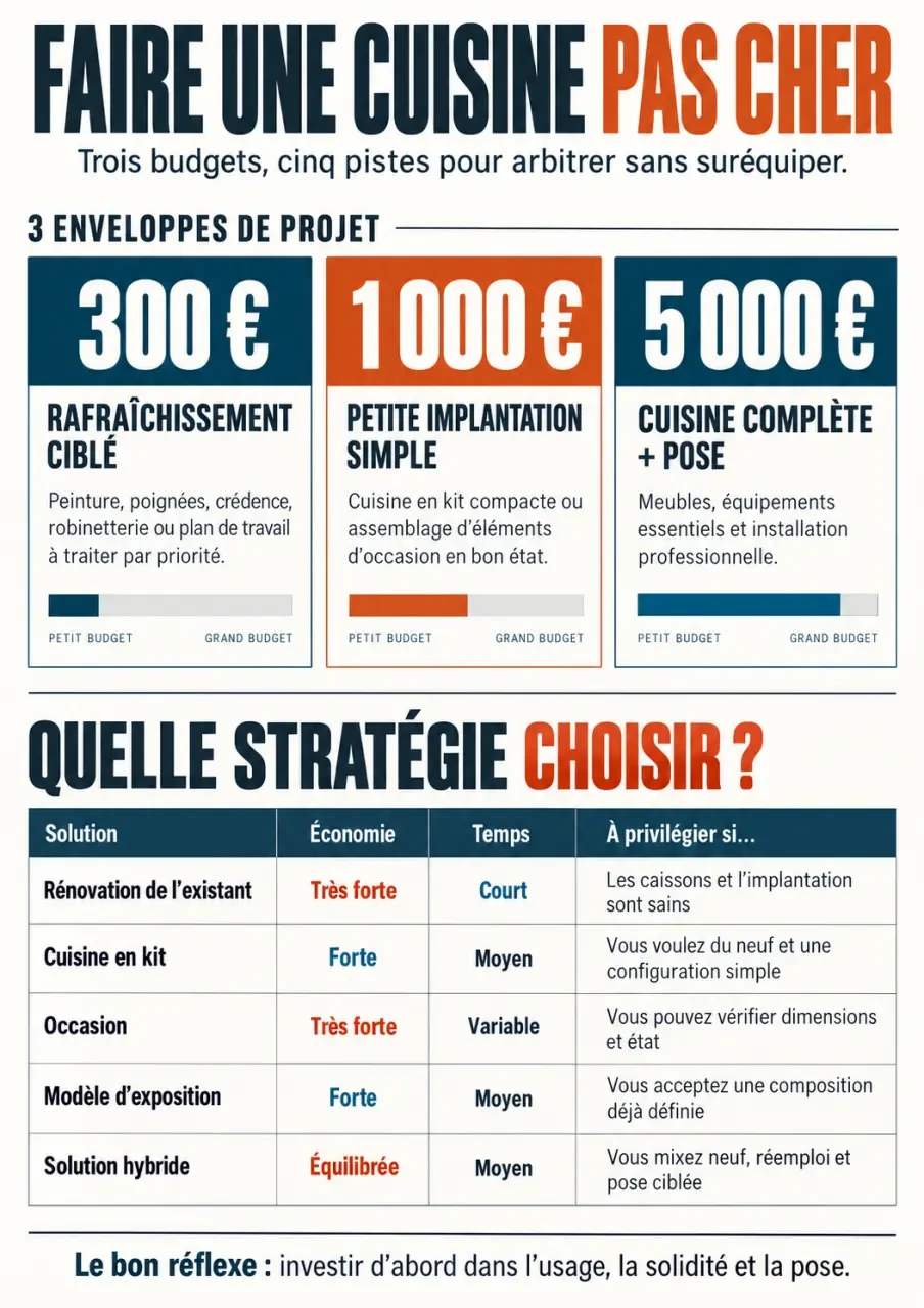 Infographie pour faire une cuisine pas cher avec budgets de 300 €, 1 000 € et 5 000 €