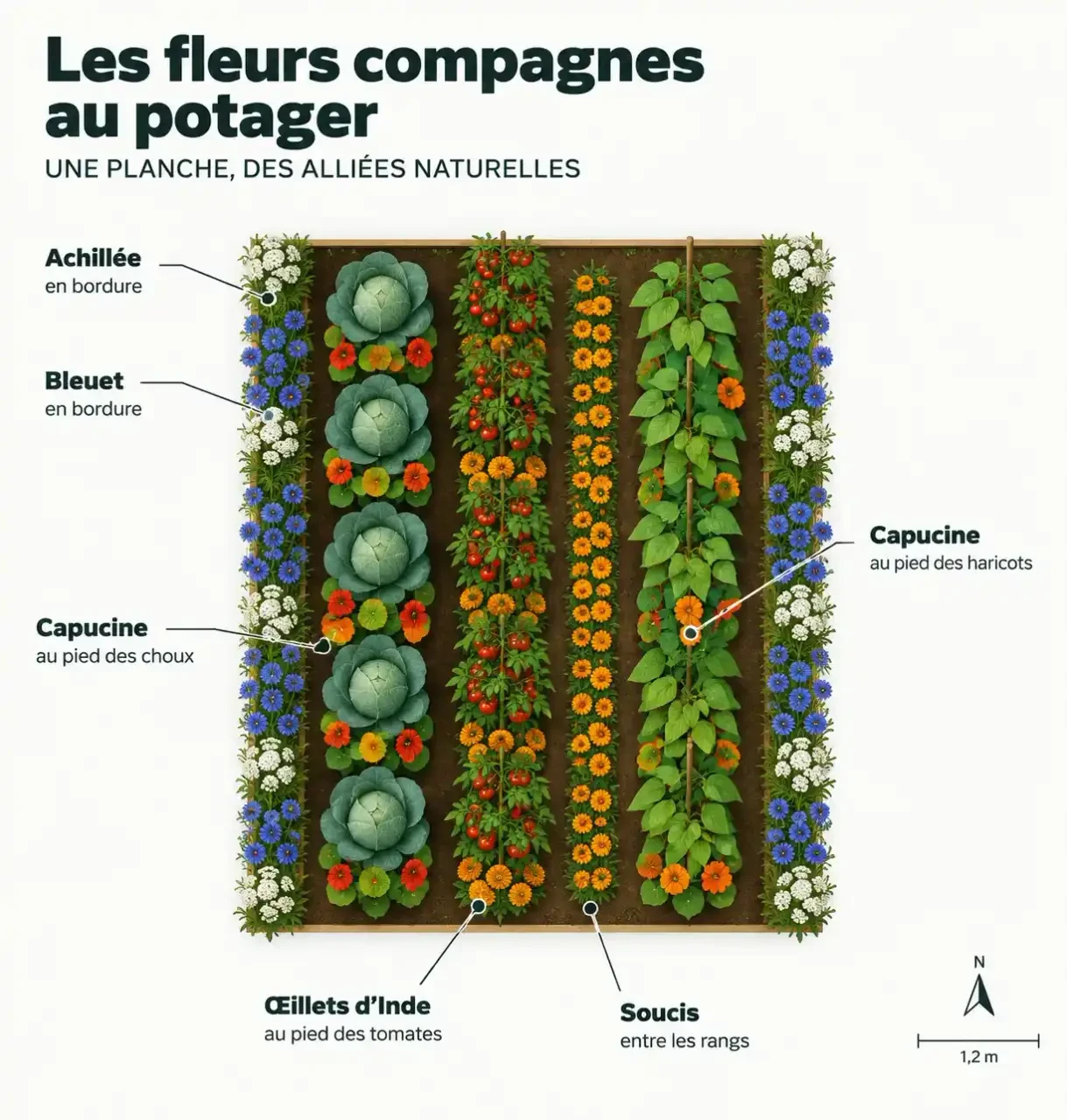 Tableau association légumes fleurs : plan d'un potager avec les emplacements des fleurs compagnes en bordure, au pied des légumes et entre les rangs