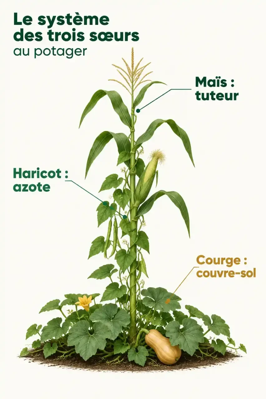 Schéma de l'association haricot au potager avec le maïs et la courge, système des trois sœurs