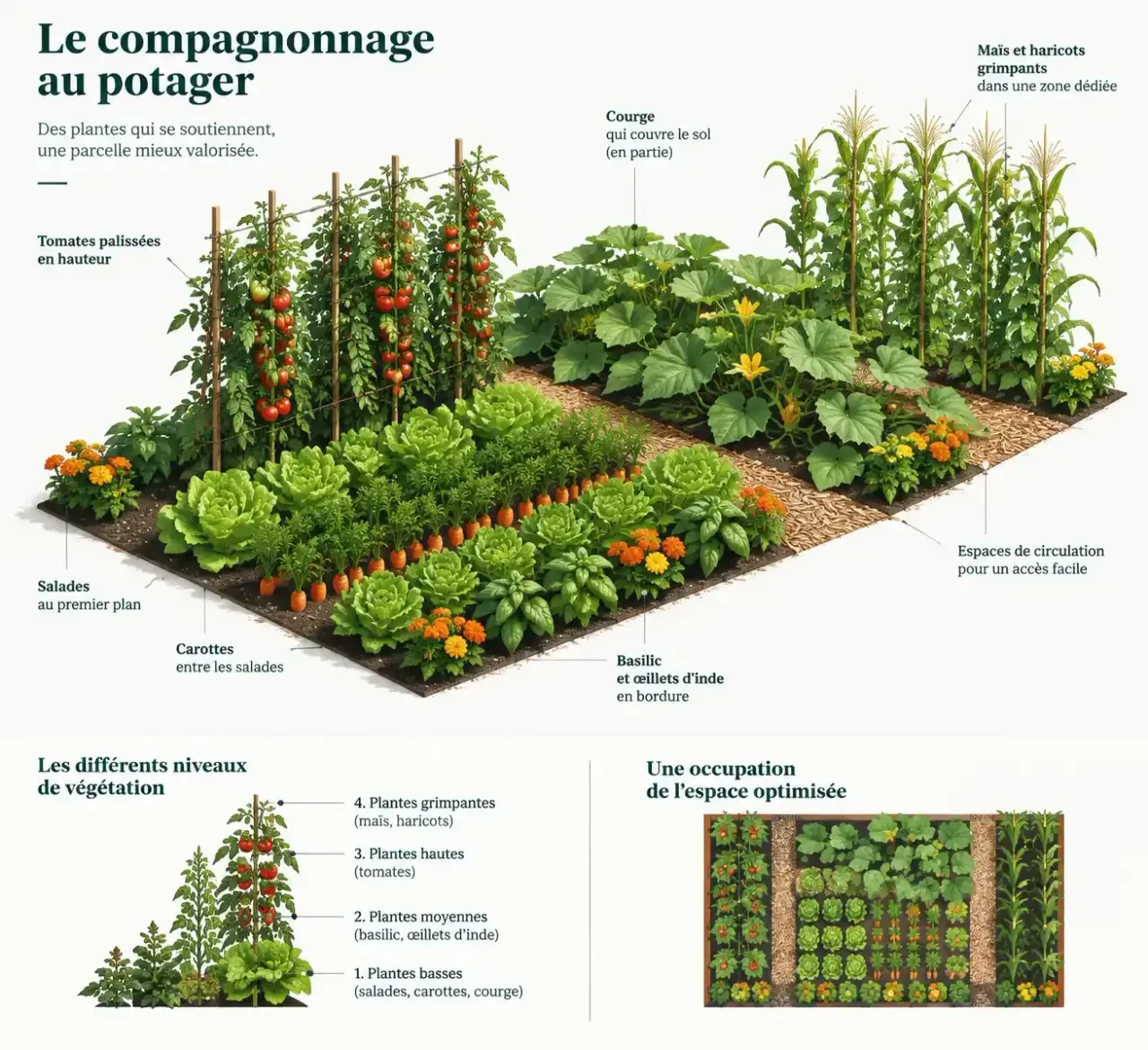 Tableau d’association de légumes au potager à imprimer illustré par une planche de culture organisée