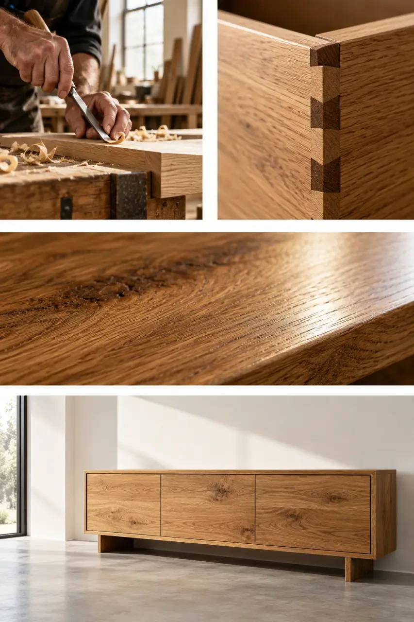 Meuble artisanal en bois massif, assemblages et finitions observés dans un atelier