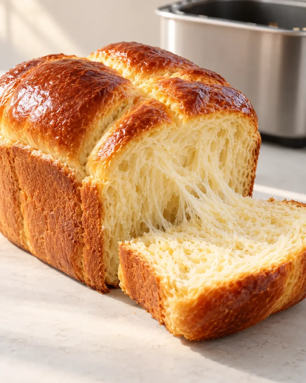 Machine a pain brioche moelleuse et dorée, tranchée pour révéler sa mie aérée