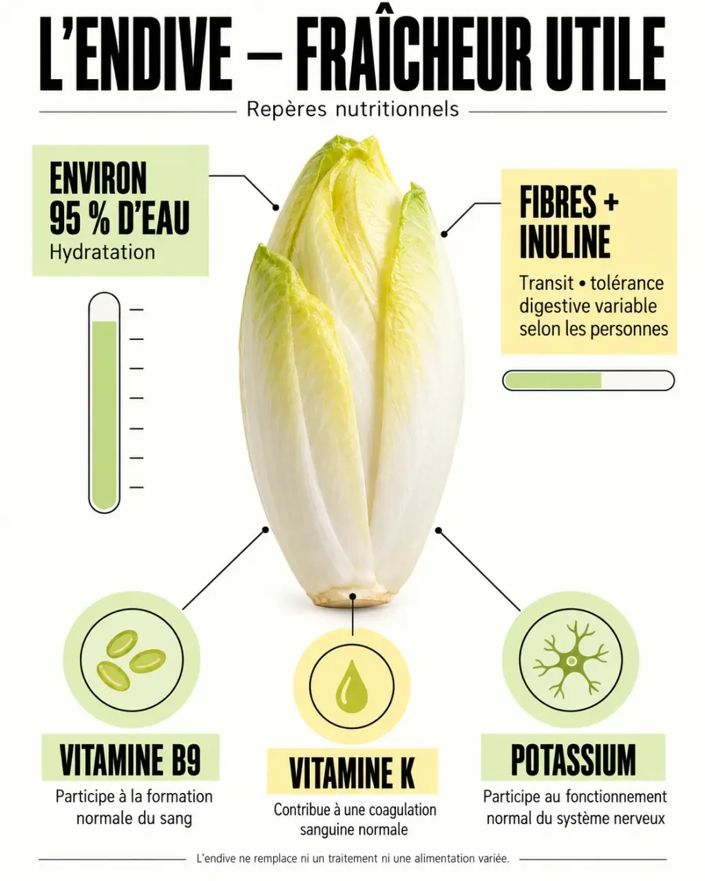 Infographie sur les bienfaits de l’endive, ses fibres, son eau, ses vitamines et ses minéraux